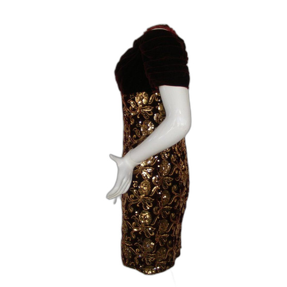 JESSICA MCCLINTOCK Evening Dress, S, Red Velvet, Golden Sequins, Off-shoulder - Picture 9 of 14